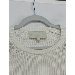 Michelle Mason Faux Pearl-Embellished Cotton Cropped Knit Sweater White Womens S