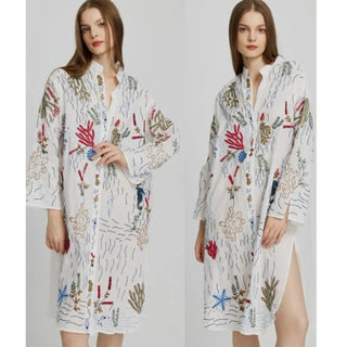 Zara Embroidered Long Sleeve Slit Midi Shirt Cover up Dress White Womens Size M