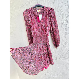 A.L.C Sari Silk Floral Long Sleeve V-Neck Mini Flowy Dress Pink/Black Women Sz 2