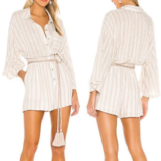 L'Academie Dolman Sleeve Striped The Alphonsine Romper White Beige Women's XS