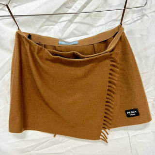 Prada Fringe 100% Cashmere Mid Rise Scarf Mini Wrap Skirt Brown Womens 36 / 0