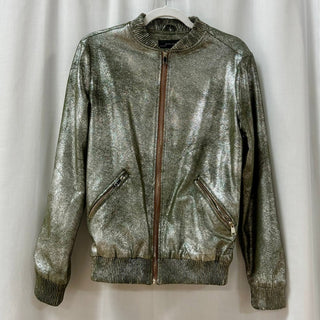 Zara Silver Metallic Long Sleeve Full Zip Bomber Jacket Green Brown Women's XS