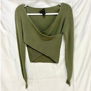 House of Harlow 1960 Long Sleeve Ribbed Cross Over Front Cropped Sweater Green S