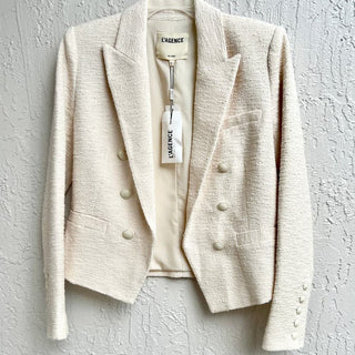 NWT L'AGENCE Long Sleeve Tweed Brooke Open Front Blazer Ecru Cream Women US 4