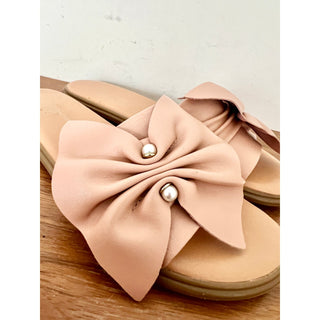 BCBGeneration Leather Eleni Knotted Bow Slide Flat Sandals Pink Women's Size 7.5