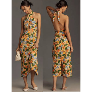 NWT RHODE Paolo Floral Orchad Halter Neck Midi Dress Yellow/Green Women's Size 6