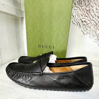 Gucci Leather GG Logo Slip On Driver Moccasins Loafer Shoes Black Men's Size 12