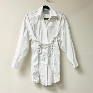 Prada Abito Long Sleeve Lace-Up Button-Up Mini Shirt Dress White Women 36 / US 4