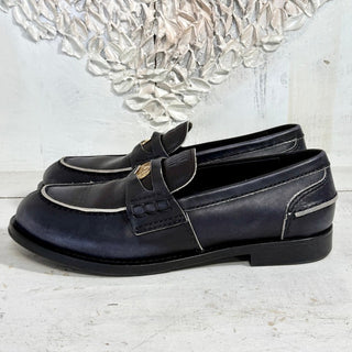 Miu Miu 20MM Distressed Leather Penny Loafers w/ Golden Coin Blue Womens 40/9.5