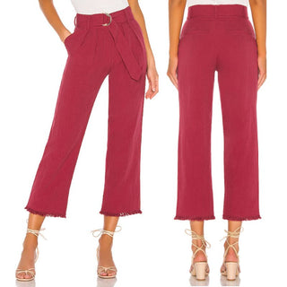 Tularosa Sophia Linen Blend High Waisted Tassel Fringe Hem Crop Pants Red Size M