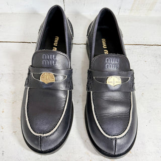 Miu Miu 20MM Distressed Leather Penny Loafers w/ Golden Coin Blue Womens 40/9.5