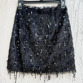 NWT H&M Sequin Embellished Fringe Trim Pull On Mini Skirt Black Women's Size XS