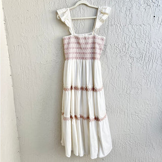 NWOT Madewell Sleeveless Lucie Smocked Tiered Midi Dress Cream Pink Women Large