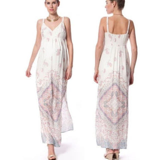 Seraphine Sleeveless Paisley V Neck Maternity Maxi Dress White Women's Size US 4