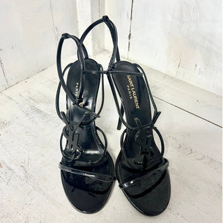 Saint Laurent Cassandra Patent Leather YSL Logo Stilettos Sandals Women's 38/7.5