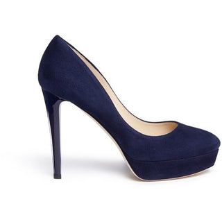 Jimmy Choo Suede and Patent Almond Toe High Heel Platform Pumps Navy Blue EU 36.5