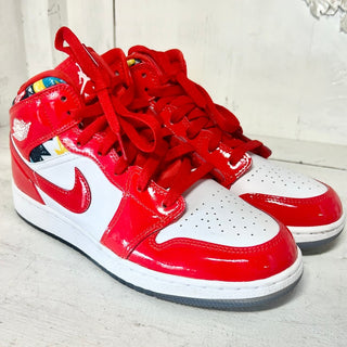 Nike Air Jordan 1 Mid SE GS Barcelona Sweater Sneakers Red Patent Boys 6.5Y / 39