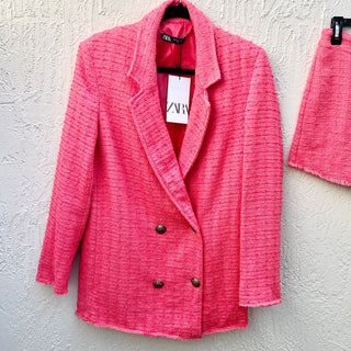 NWT Zara Textured Double Breasted Blazer & High Waisted Skort Set Pink Womens XS