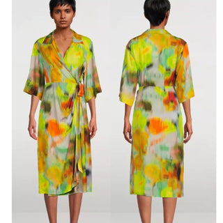 Dries Van Noten Darola Watercolor Print Midi Wrap Dress Yellow Women's 38 / US 6