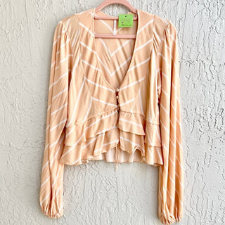 Free People Puff Sleeve Striped Ruffle Samifran Top Blouse Peach Women's Size XS