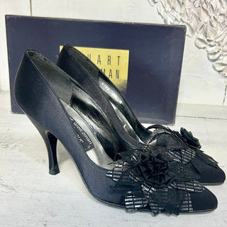 NWT Stuart Weitzman Satin Floral Slip On Pointed Toe Court Pump Shoes Black 7.5