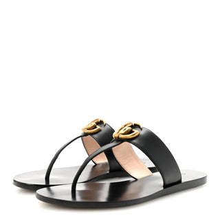 Gucci GG Marmont Leather Slip On Thong Flats Sandals Black Gold Womens EU 39.5