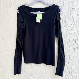 NWT Free People Daisy Chain Cuff Long Sleeve Braided Knitted Top Black Women's M