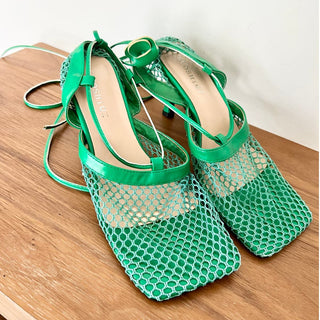 SuoShi QI Wrap Ankle Strap Fishnet Mesh Sandal Green Women's Size 39 / 8.5