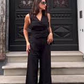 Commense Double Breasted Vest & Wide Leg Trouser Pants Set Black Women's Size S