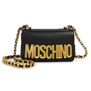 Moschino Make Your Mark Leather Foldover Small Shoulder Bag Black/Gold