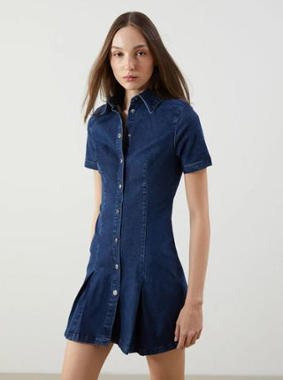 NWT Zara Pleated Slim Fit Stretch Denim Mini Shirt Dress Blue Women's Size Small