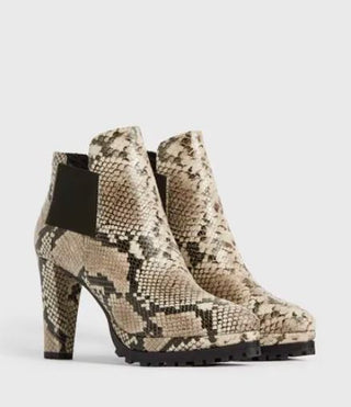 AllSaints Sarris Leather Snakeprint Platform Heeled Boot Gray Black Womens 10 US