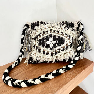 Antik Batik Braided Strap Tassel Crochet Beaded Shoulder Bag Black White Women's