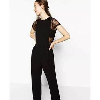 Zara Basic Collection Short Sleeve One Piece Jumpsuit with Lace Black Women's S