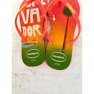 NWT Havaianas Slim Print Postcard Slip On Flip Flops Salvador Orange Women 37/38