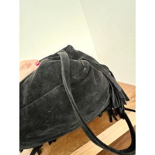 The Perfext 100% Calf Suede Leather Fringe Flap Backpack Bag Black Women's