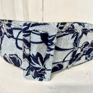 LoveShackFancy Eleanor Embroidered Floral Waist Wide Belt Blue Silver Women's OS