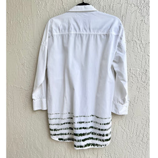 Zara Hi Low Hem Oversized Green Painted Stripe Button Down Shirt White Womens M