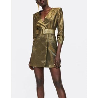 Zara 3/4 Sleeve Wrap Belt Metallic Blazer Mini Dress Gold-green Women's Small