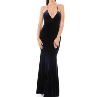 NWT JAY GODFREY Sleeveless Velvet Plunge Neck Maxi Dress Dark Blue Womens Size 0