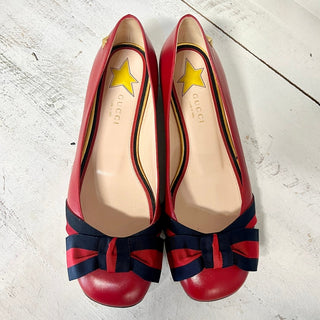 Gucci Leather Grosgrain Web Stripe Bow Slip On Ballet Flat Shoes Red Womens 37.5