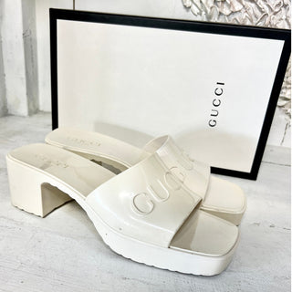 Gucci Embossed Logo Gloss Rubber Slide Heeled Mule Sandals Off-White Women 38