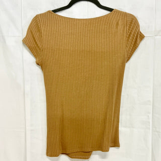 Reformation Bardot Short Sleeve Fitted Knit Sweater Top Beige Women's Medium