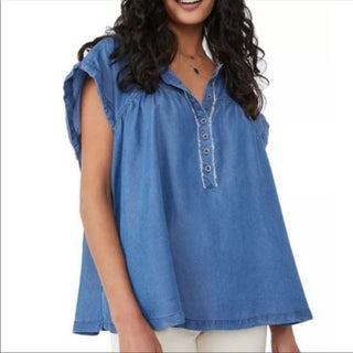 We the Free Summer Love Chambray Oversize Henley Blouse Top Blue Women's Size XS