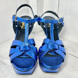 Saint Laurent Tribute Leather T-Strap Metallic Platform Sandals Metal Blue 39L/9