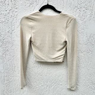 NWT Dynamite Long Sleeve Plunge V Neck Crop Top Gold Beige Women's Size XS