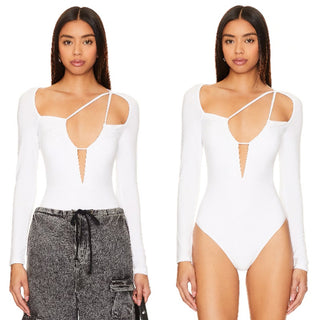 NWT superdown Aranza Long Sleeve Ruched Cutout Bodysuit White Women's Size XS