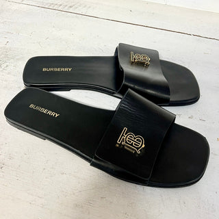 Burberry Monogram Plaque Leather Slip On Flat Slide Sandals Black Size 41 / 10.5