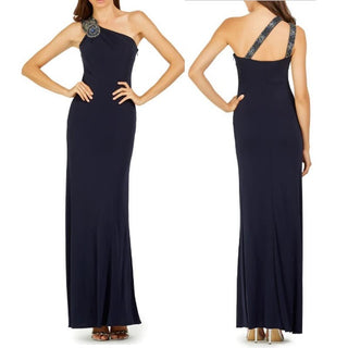 NWT David Maister One Shoulder Embellished Maxi Dress Navy Blue Women's Size 10