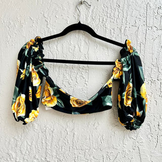 Onia x WeWoreWhat Ravello Floral Puffy Off-The-Shoulder Crop Top Black Yellow XS